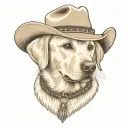 older golden female Labrador with a cowgirl hat on and collar and western theme tattoo design idea
