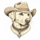 older golden female Labrador with a cowgirl hat on and collar and western theme tattoo design idea