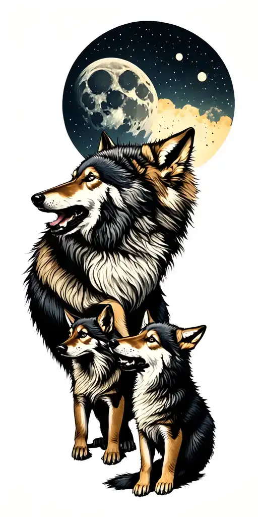 mother wolf howling at the moon with 4 wolf cubs playing tattoo design idea