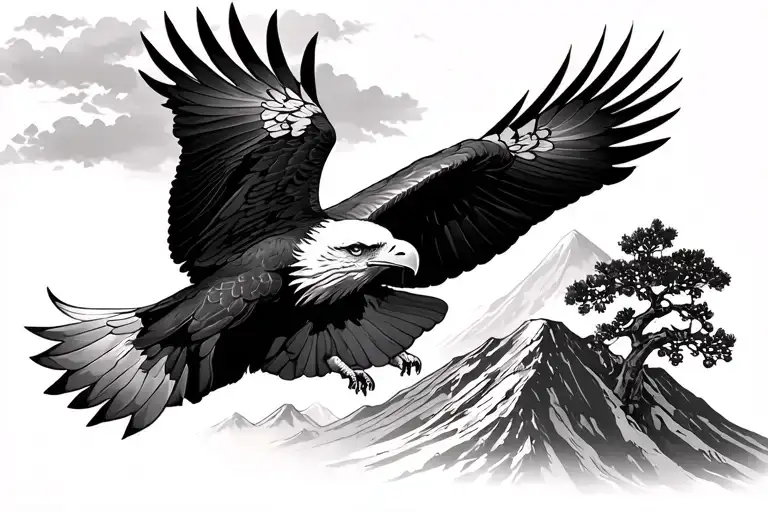 Bald eagle soaring with palestinian olive tree and volcano  tattoo design idea