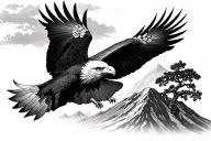 Bald eagle soaring with palestinian olive tree and volcano  tattoo design idea