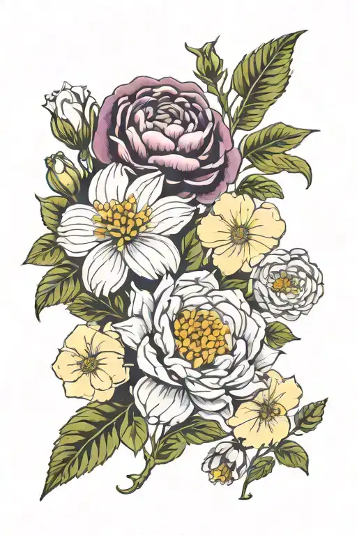 Chrysanthemums roses honey suckles marigold violets paperwhites morning glories  tattoo design idea