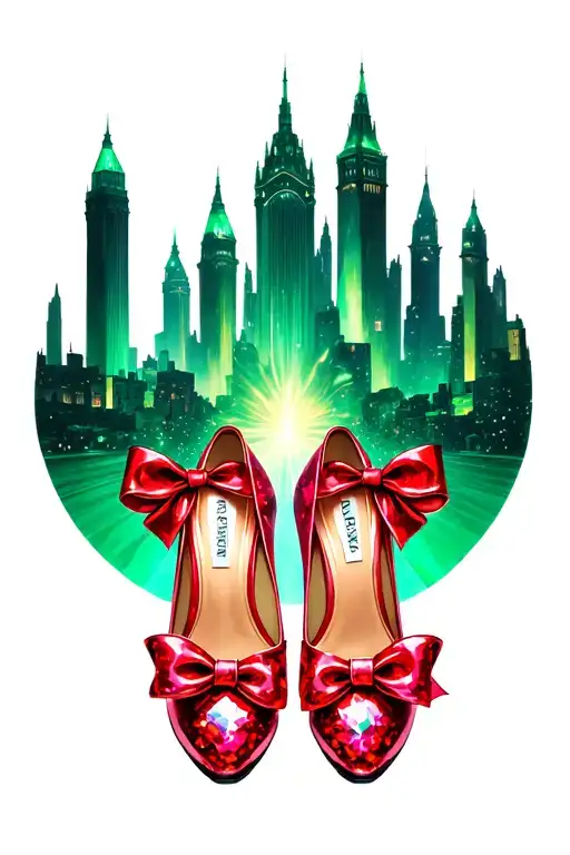 emerald city in background of two sparkly ruby slippers with bows on toes of shoes tattoo design idea