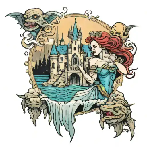 princess in a castle saved by a warrior with a monster in the lake waters in thr background tattoo design idea