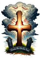 Cross with gloomy clouds at the top baseball seams gripping to it and tombstones at the bottom shining bright tattoo design idea