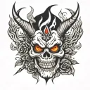 oni mask,skull,flames,dagger, roses, tattoo design idea
