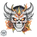 oni mask,skull,flames,dagger, roses, tattoo design idea