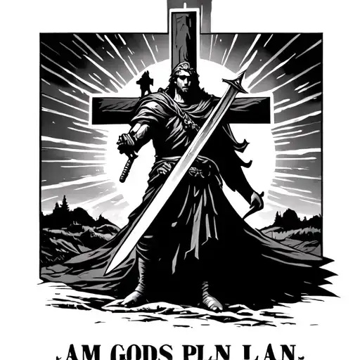 "I AM GODS PLAN" "I AM GODS PLAN" warior wielding his sword standing in front of a cross at sunset tattoo design idea
