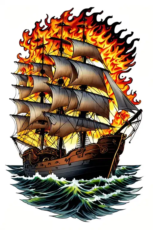 multiple Spanish galleons on fire flames tattoo design idea