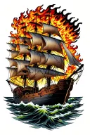 multiple Spanish galleons on fire flames tattoo design idea