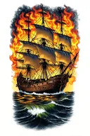 multiple Spanish galleons on fire flames tattoo design idea