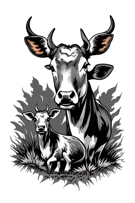 farm animals and outback forest camping fire tattoo design idea