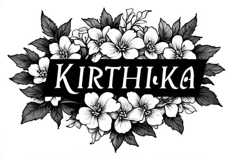 Name tattoo “Kirithika” with tamil jasmine flower garlands, should look a bit masculine, tattoo design idea