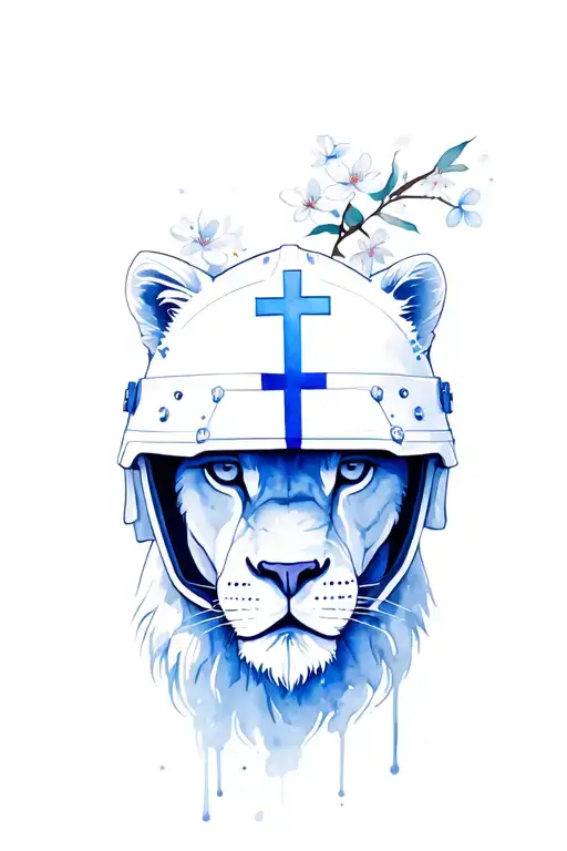 lioness, warrior helmet, cherry blossoms, Christian cross, motherhood, police blue line tattoo design idea