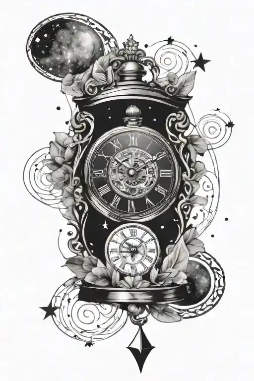 Create a tattoo of a vintage pocketwatch surrounded by swirling galaxies and shooting stars, symbolizing the timeless bond you share with your kids and family. tattoo design idea