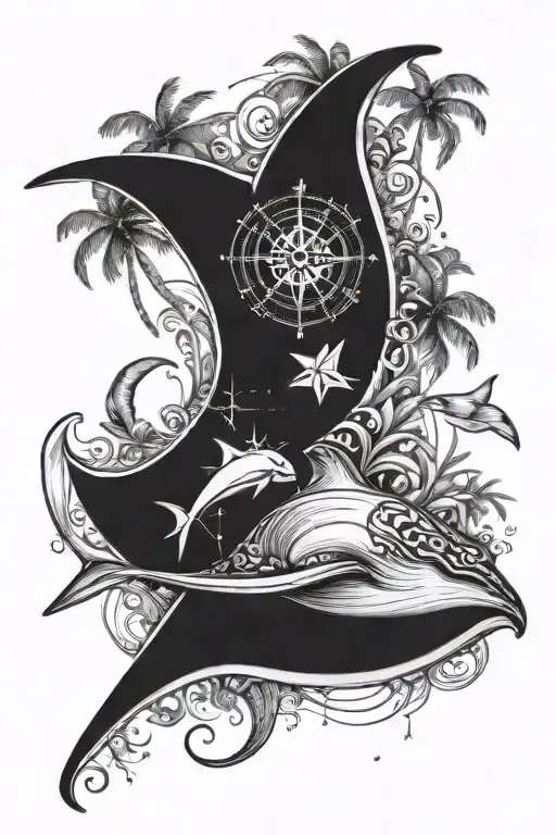 manta ray, compass in the form of a shell,  palm tree and dolphin tattoo design idea