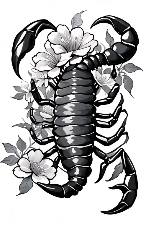 tribal scorpion with flowers blooming tattoo design idea