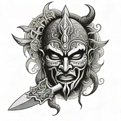 kali as a mask with a kirs knife piercing from the top and the tip coming out from the mouth  tattoo design idea