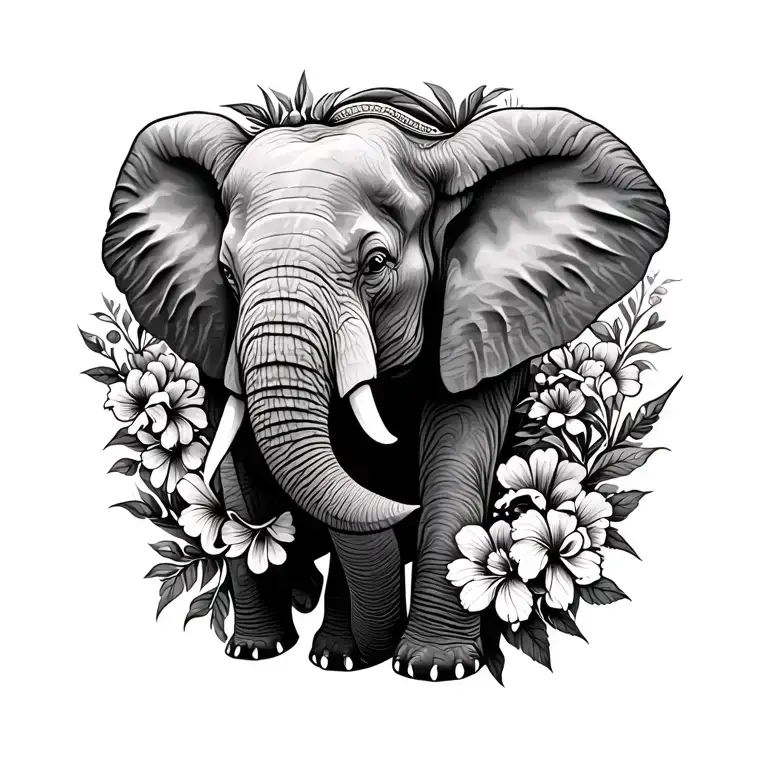 side view Elephant with trunk up and flowers surrounding tattoo design idea