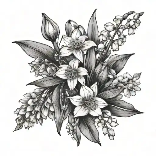 Snowdrop, Daffodil, Lily of the valley and Larkspur tattoo. Fine line. Black and grey. Flower bouquet. Simple. tattoo design idea