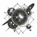 black and white tattoo: shiny disco ball reflecting a ray of light surrounded by planets from solar system tattoo design idea