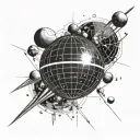 black and white tattoo: shiny disco ball reflecting a ray of light surrounded by planets from solar system tattoo design idea