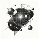 black and white tattoo: shiny disco ball reflecting a ray of light surrounded by planets from solar system tattoo design idea