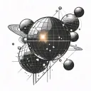 black and white tattoo: shiny disco ball reflecting a ray of light surrounded by planets from solar system tattoo design idea