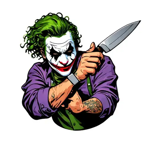 Joker wear chef purple shirt and having kichen knife on hands tattoo design idea