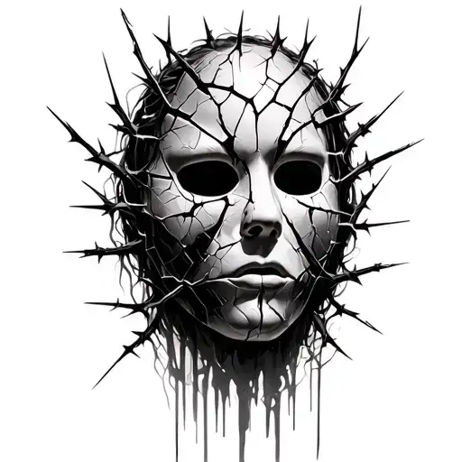 Central cracked porcelain mask (self),  chaos: glitch lines, splitting, thorned barbed-wire, psychosis, drugs, smoke tattoo design idea