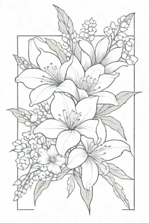 Bouquet with a chrysanthemum, lily of the valley, and gladiolus tattoo design idea