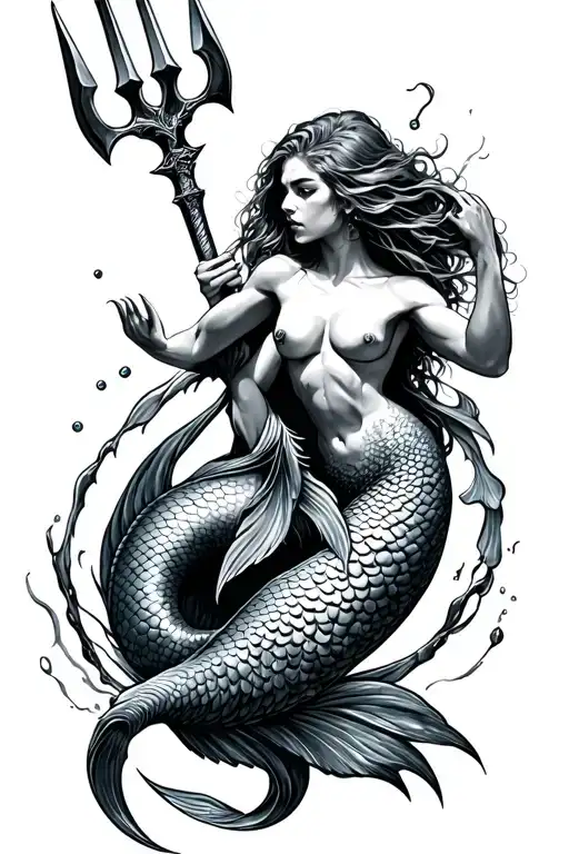 navy seal trident surrounded by mermaid swimming tattoo design idea