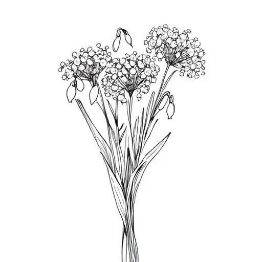 baby's breath, poppy, violet, snowdrop, narcissus bouquet fine line drawing tattoo design idea