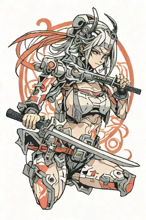 cybernetic japanese girl on her face which is a mask and she holds a katana on her left shoulder also two cybernetic han tattoo design idea