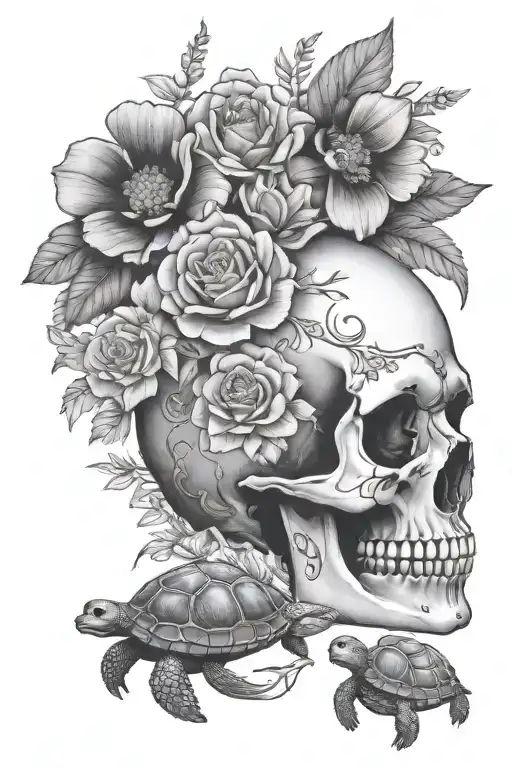 flowers, skull and turtle tattoo design idea