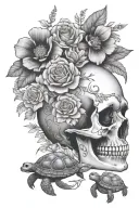 flowers, skull and turtle tattoo design idea