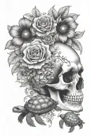 flowers, skull and turtle tattoo design idea