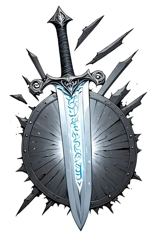 A medieval sword, broken mid-blade, faint glowing script on the blade, surrounded by broken shields and armer. tattoo design idea