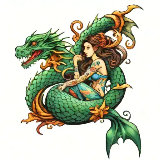 mermaid and dragon intertwined tattoo design idea