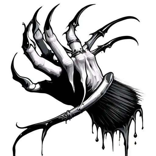 The witch's brush 5 fingers bent half with long fingers and claws and stretching lines of mucus tattoo design idea