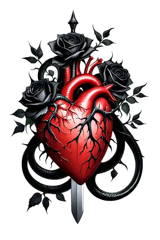 A dagger piercing a realistic bleeding human heart ensnared by black roses with thorns. A black mamba wrapped around tattoo design idea