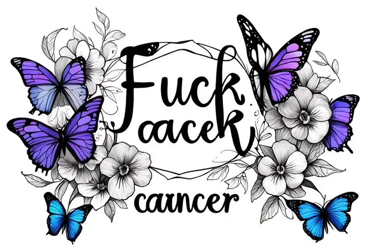 "Fuck cancer" Frames filler butterflies and pansies surrounding tattoo design idea