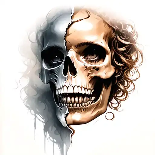 seductive woman face partly split in skull tattoo design idea