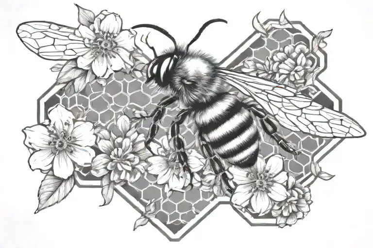bee honeycomb pattern with bee flying and flowers tattoo design idea