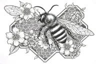 bee honeycomb pattern with bee flying and flowers tattoo design idea