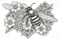 bee honeycomb pattern with bee flying and flowers tattoo design idea