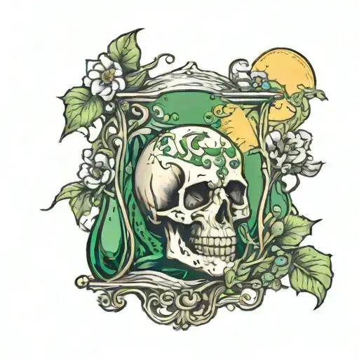 a skull at the bottom of an hour glass, and then a sun with a green landscape over the hour glass, and a moon with dark  tattoo design idea