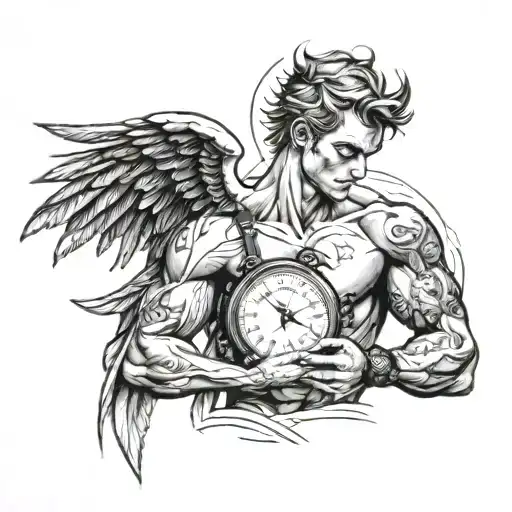 Athletic angel man holding watch in hand full length tattoo design idea