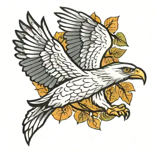 flying white  hawk with leaf tattoo design idea