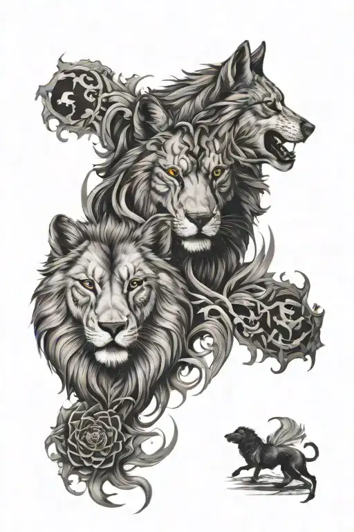 wolf and lion surrounded tattoo design idea